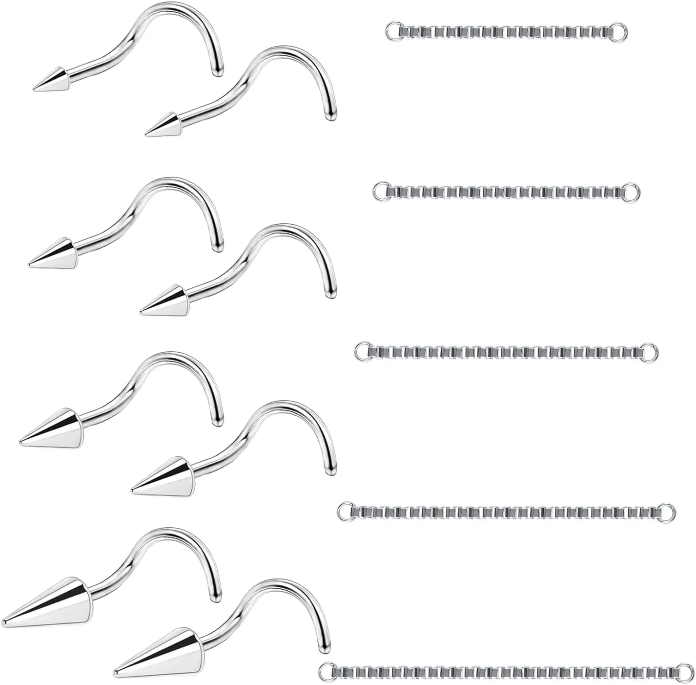 20G Spike Nose Rings Studs with Chains Stainless Steel Spike Nostril Ring Stud Chain Black Rook Corkscrew Ring L-Shaped Nose Piercing Jewelry Nose Piercing Stud Lip Piercing Jewelry Black Silver Gold