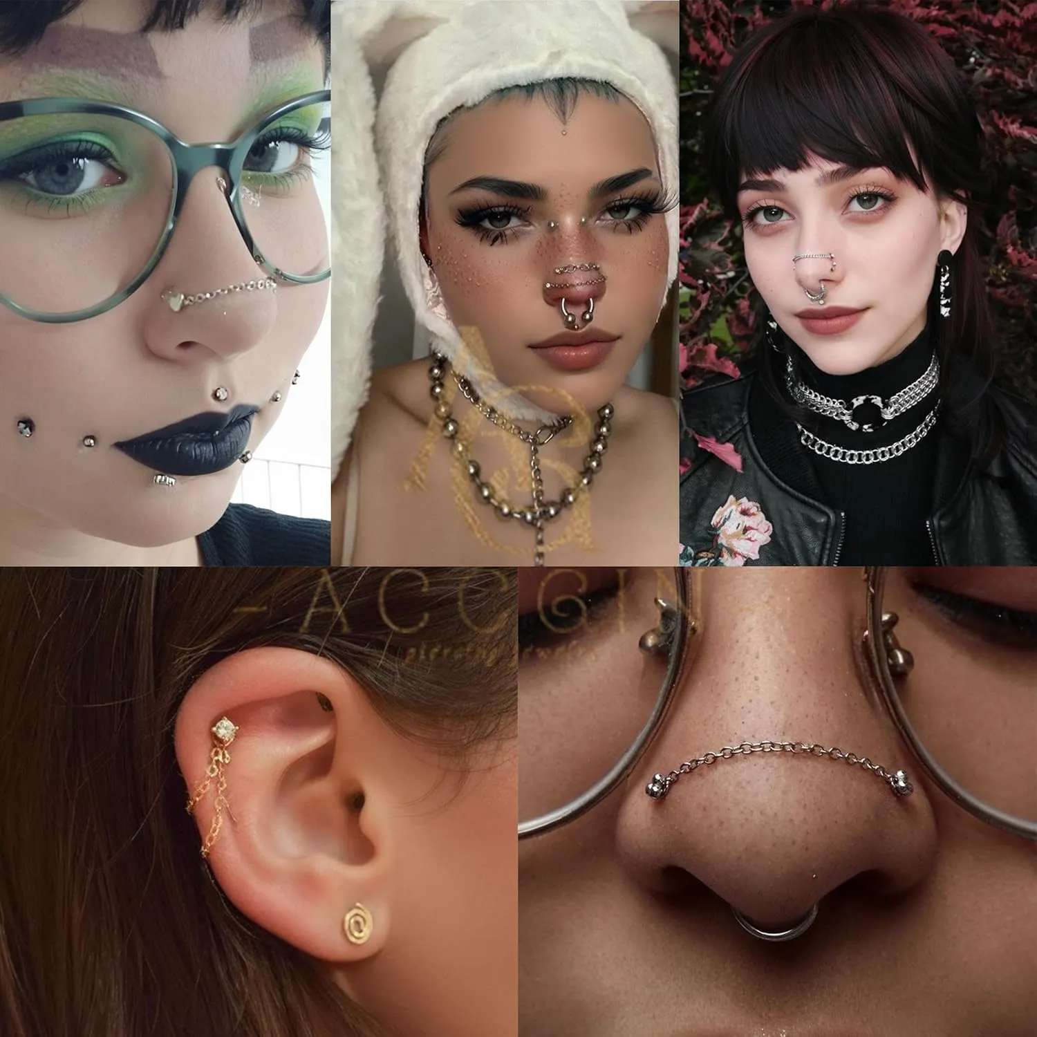 20G Spike Nose Rings Studs with Chains Stainless Steel Spike Nostril Ring Stud Chain Black Rook Corkscrew Ring L-Shaped Nose Piercing Jewelry Nose Piercing Stud Lip Piercing Jewelry Black Silver Gold