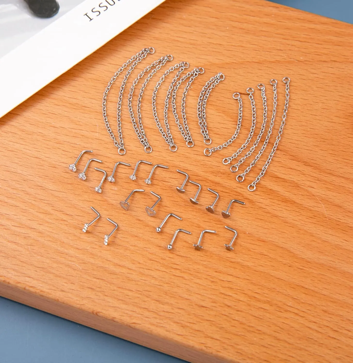 20G Stainless Steel Nose Ring Stud Nose Ring Chain Piercing Across Double Nose Stud Heart Ball CZ Nose Studs Nostril Piercing Jewelry