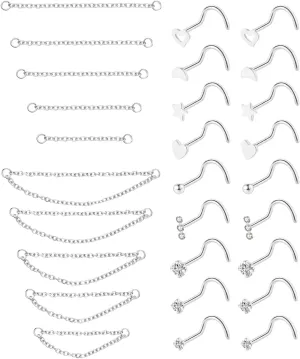 20G Stainless Steel Nose Ring Stud Nose Ring Chain Piercing Across Double Nose Stud Heart Ball CZ Nose Studs Nostril Piercing Jewelry
