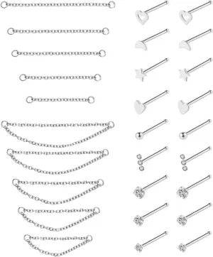 20G Stainless Steel Nose Ring Stud Nose Ring Chain Piercing Across Double Nose Stud Heart Ball CZ Nose Studs Nostril Piercing Jewelry