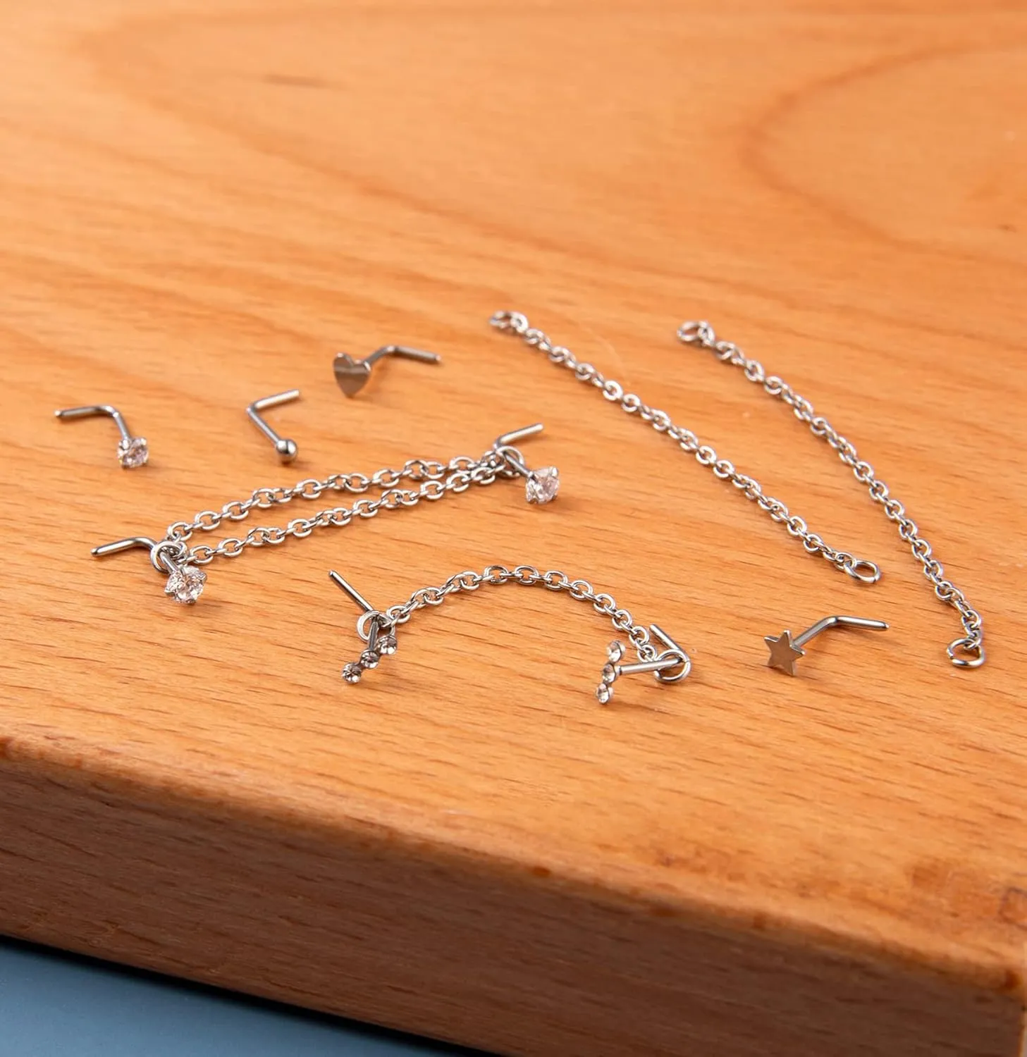 20G Stainless Steel Nose Ring Stud Nose Ring Chain Piercing Across Double Nose Stud Heart Ball CZ Nose Studs Nostril Piercing Jewelry