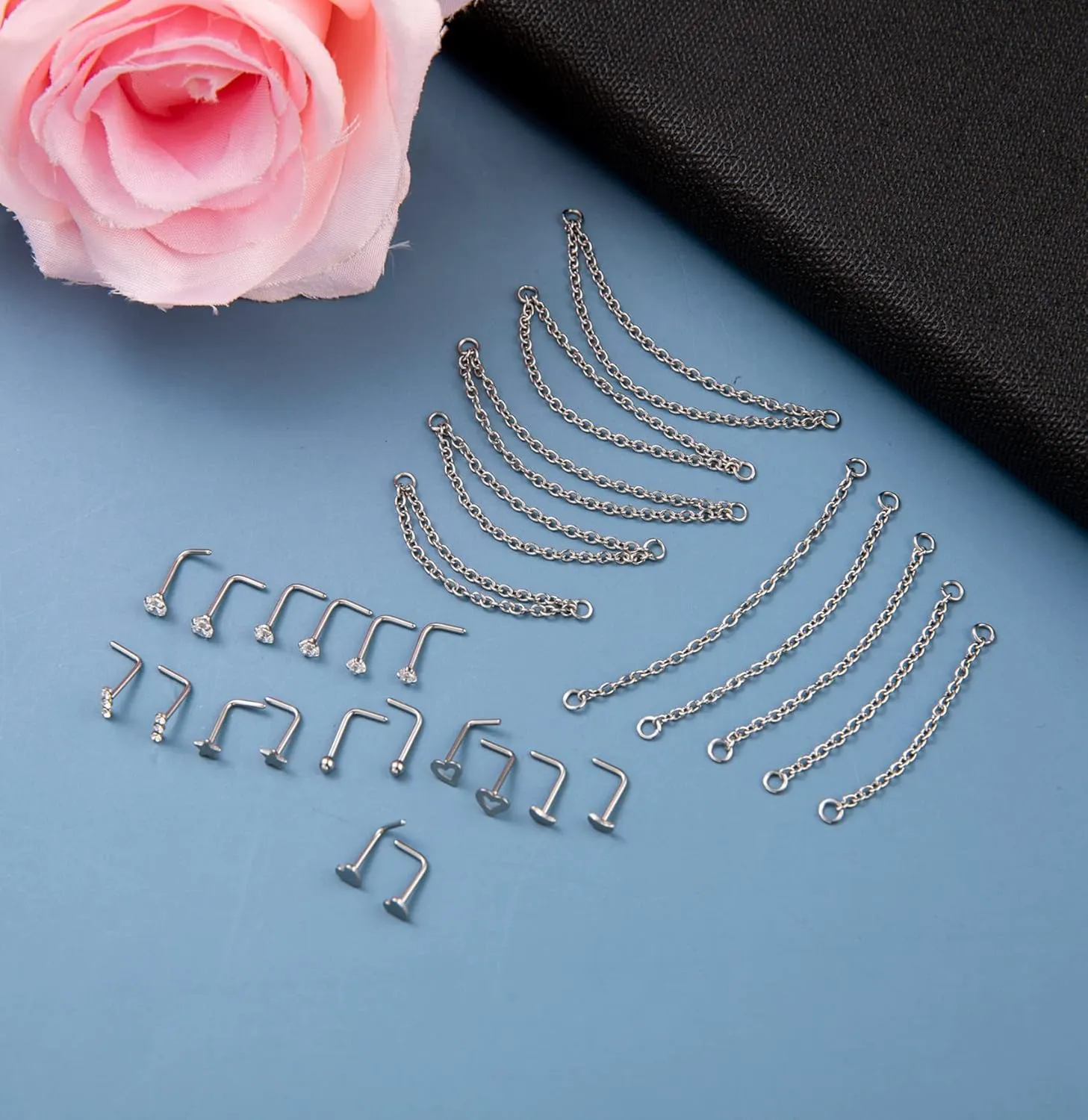 20G Stainless Steel Nose Ring Stud Nose Ring Chain Piercing Across Double Nose Stud Heart Ball CZ Nose Studs Nostril Piercing Jewelry