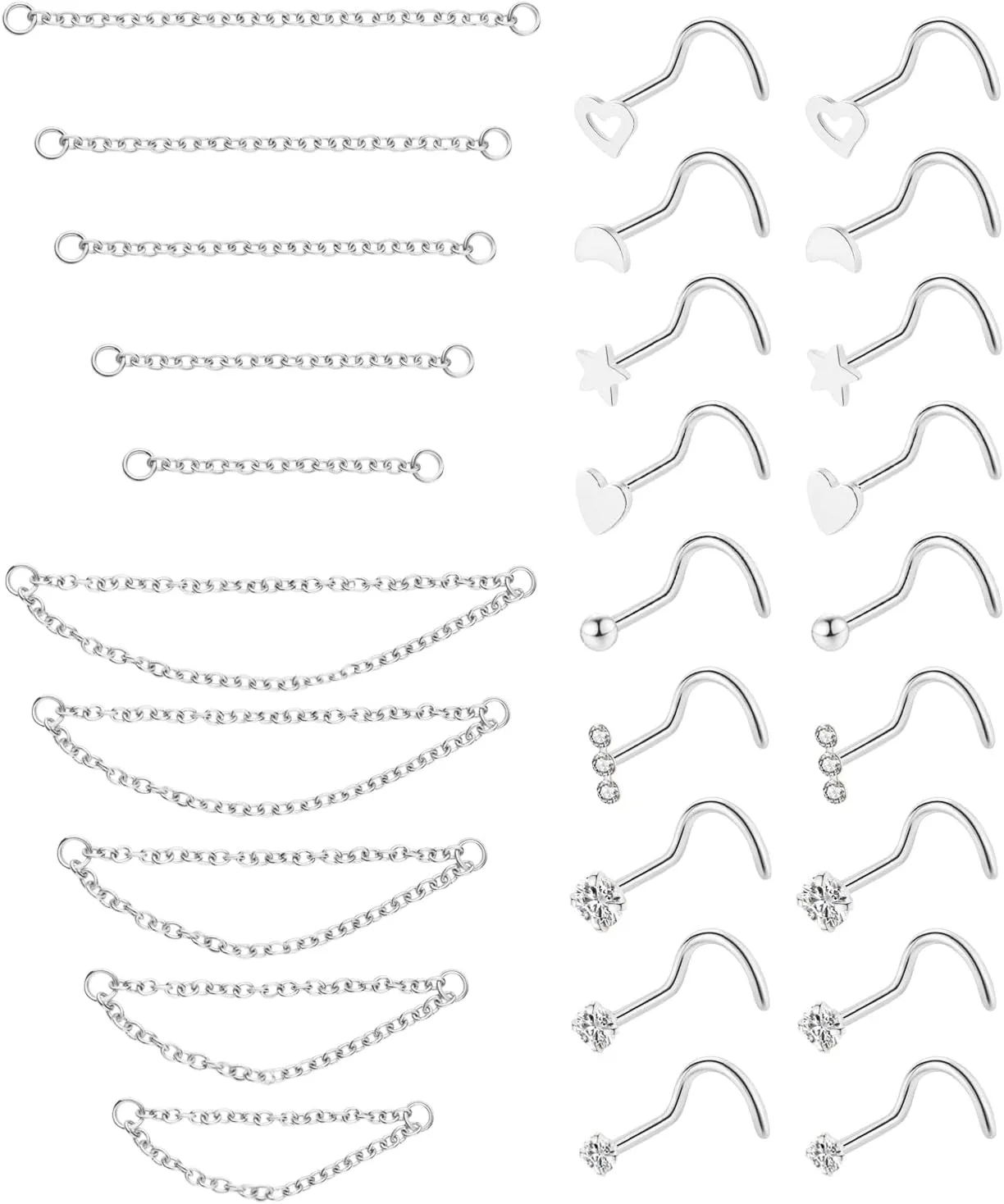 20G Stainless Steel Nose Ring Stud Nose Ring Chain Piercing Across Double Nose Stud Heart Ball CZ Nose Studs Nostril Piercing Jewelry