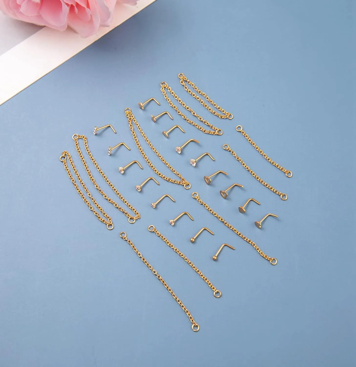 20G Stainless Steel Nose Ring Stud Nose Ring Chain Piercing Across Double Nose Stud Heart Ball CZ Nose Studs Nostril Piercing Jewelry