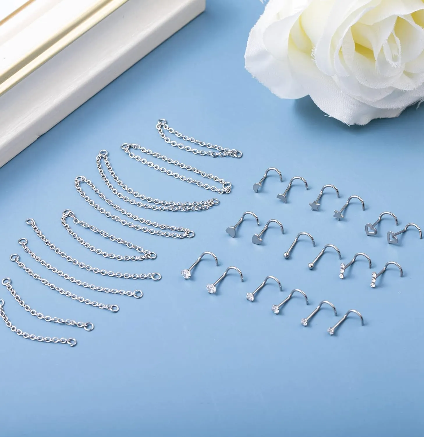 20G Stainless Steel Nose Ring Stud Nose Ring Chain Piercing Across Double Nose Stud Heart Ball CZ Nose Studs Nostril Piercing Jewelry