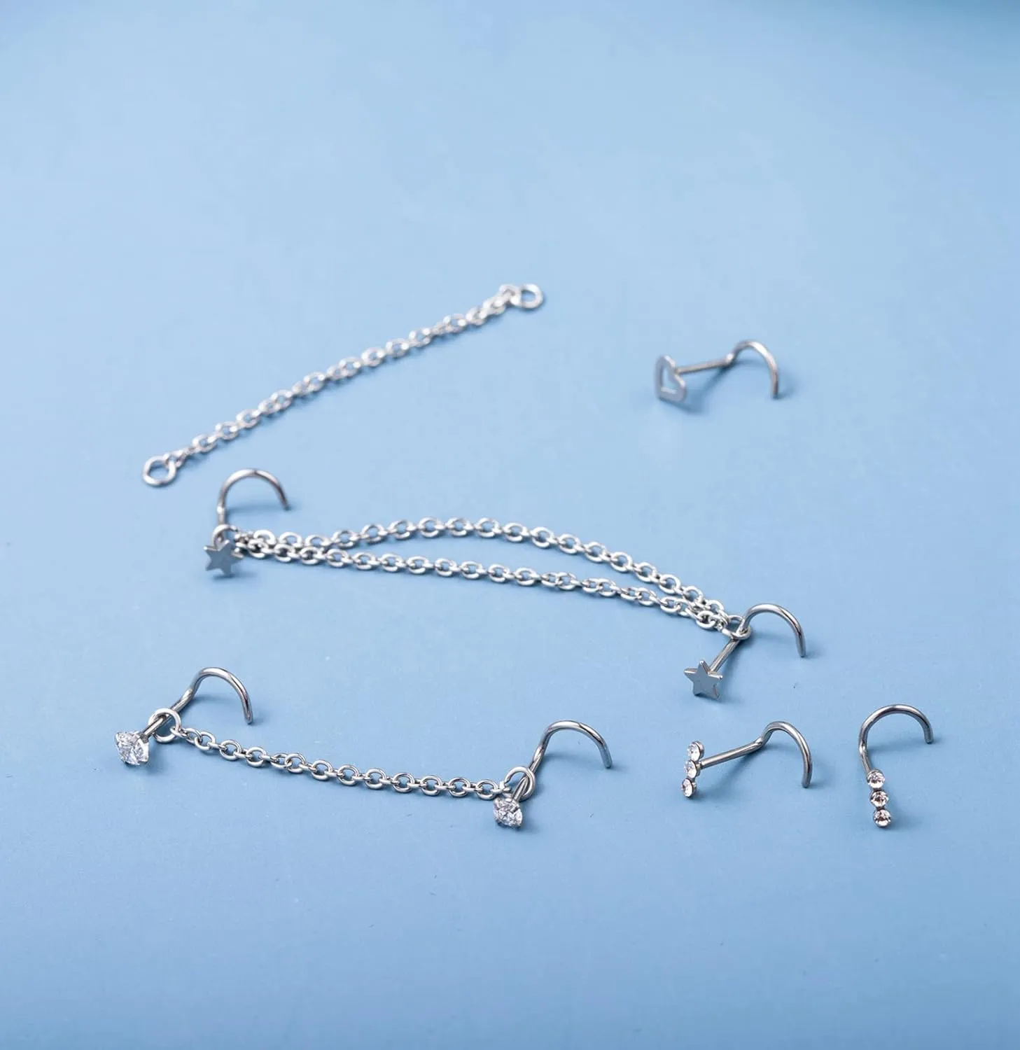 20G Stainless Steel Nose Ring Stud Nose Ring Chain Piercing Across Double Nose Stud Heart Ball CZ Nose Studs Nostril Piercing Jewelry