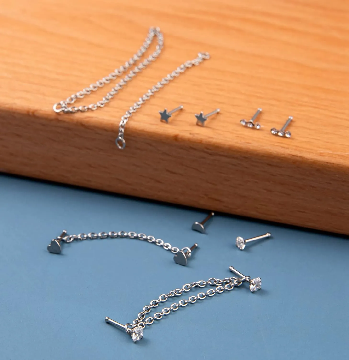 20G Stainless Steel Nose Ring Stud Nose Ring Chain Piercing Across Double Nose Stud Heart Ball CZ Nose Studs Nostril Piercing Jewelry