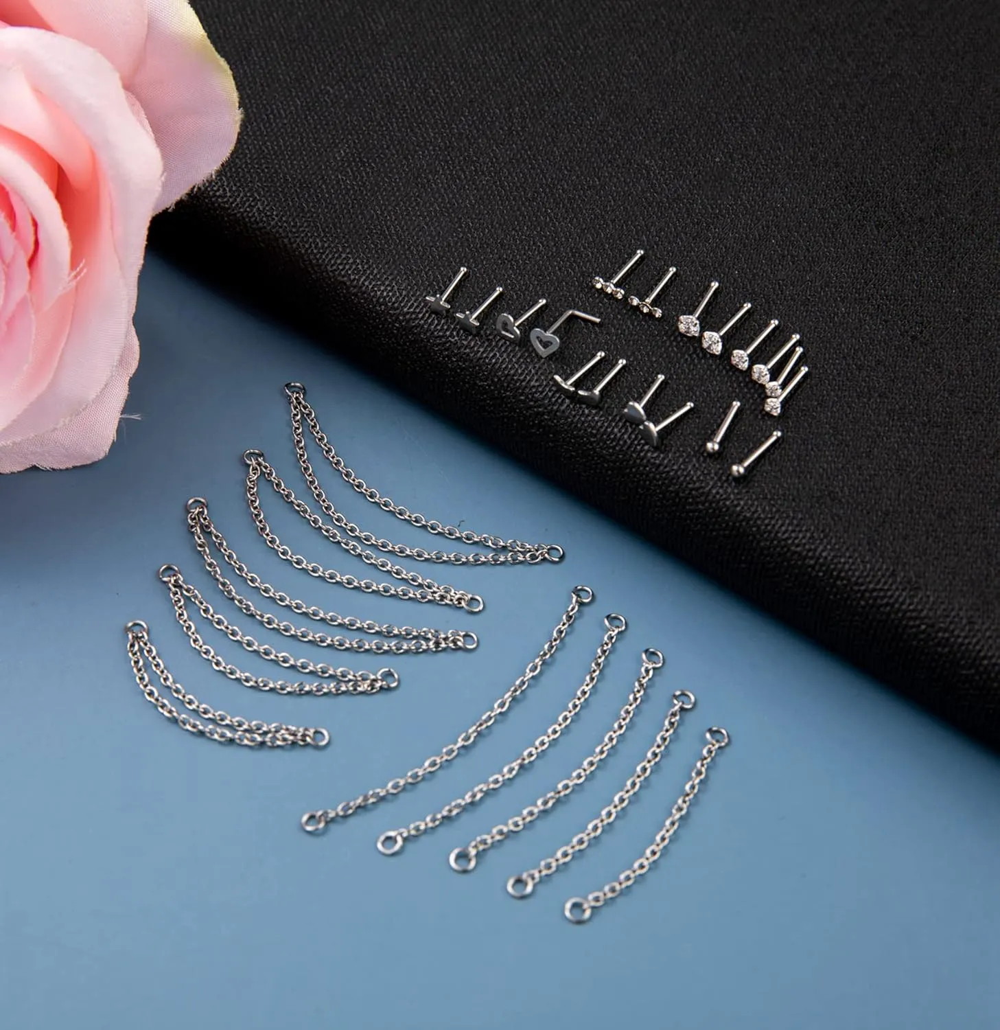 20G Stainless Steel Nose Ring Stud Nose Ring Chain Piercing Across Double Nose Stud Heart Ball CZ Nose Studs Nostril Piercing Jewelry