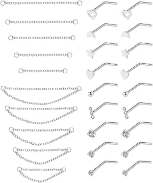 20G Stainless Steel Nose Ring Stud Nose Ring Chain Piercing Across Double Nose Stud Heart Ball CZ Nose Studs Nostril Piercing Jewelry