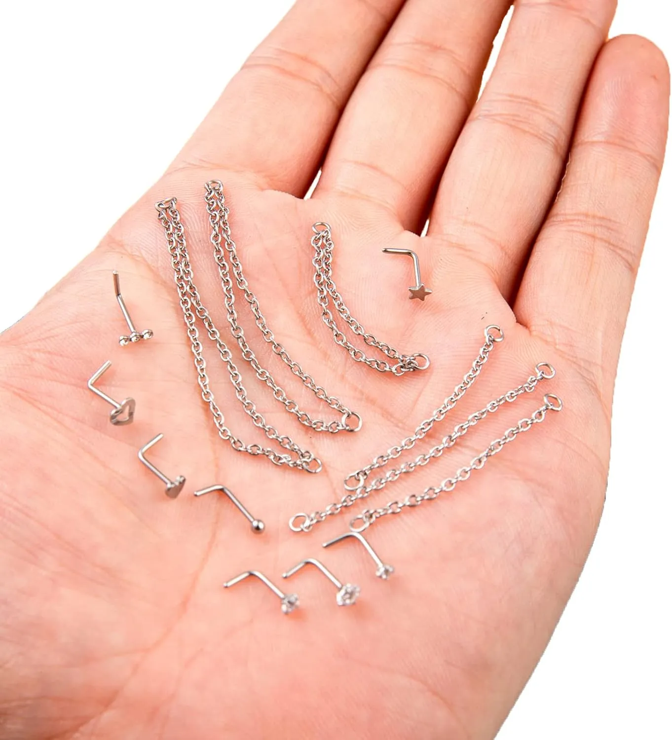 20G Stainless Steel Nose Ring Stud Nose Ring Chain Piercing Across Double Nose Stud Heart Ball CZ Nose Studs Nostril Piercing Jewelry