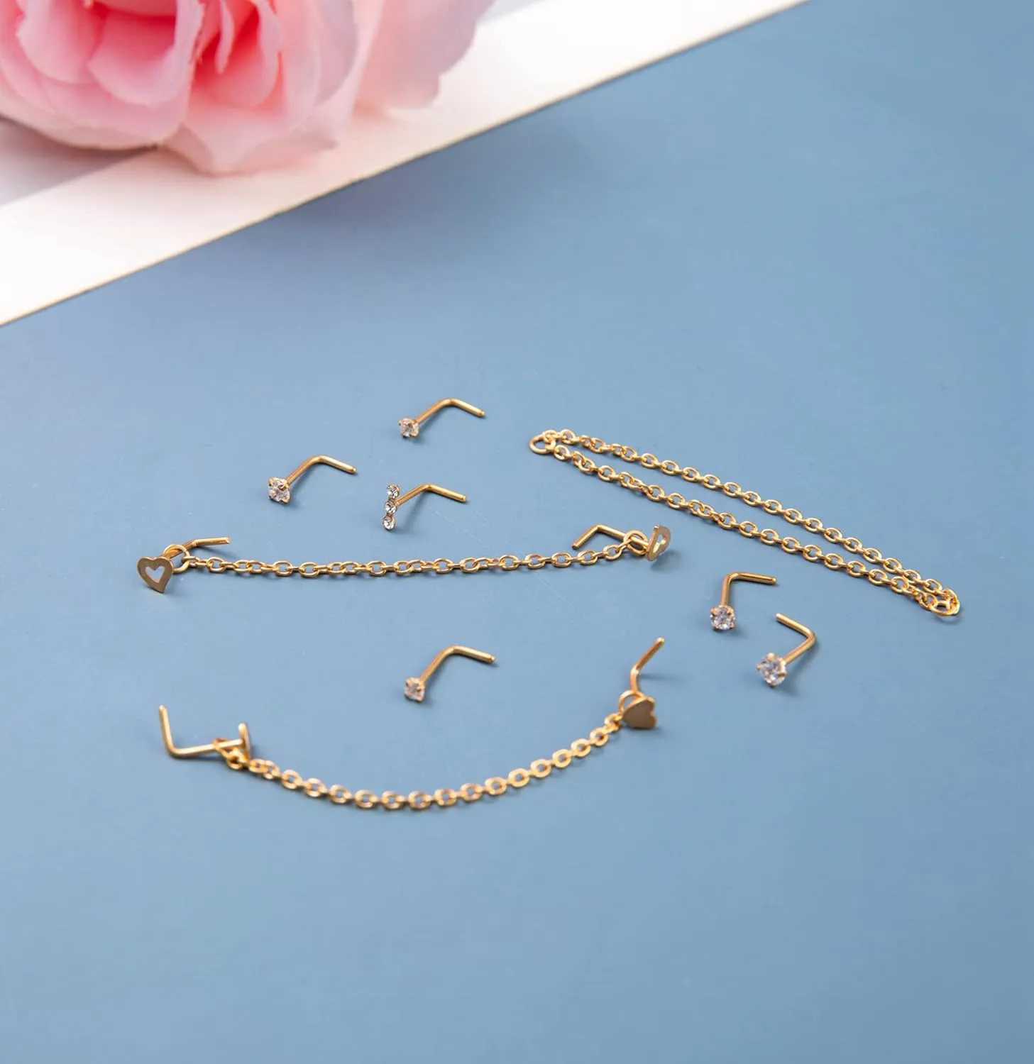 20G Stainless Steel Nose Ring Stud Nose Ring Chain Piercing Across Double Nose Stud Heart Ball CZ Nose Studs Nostril Piercing Jewelry