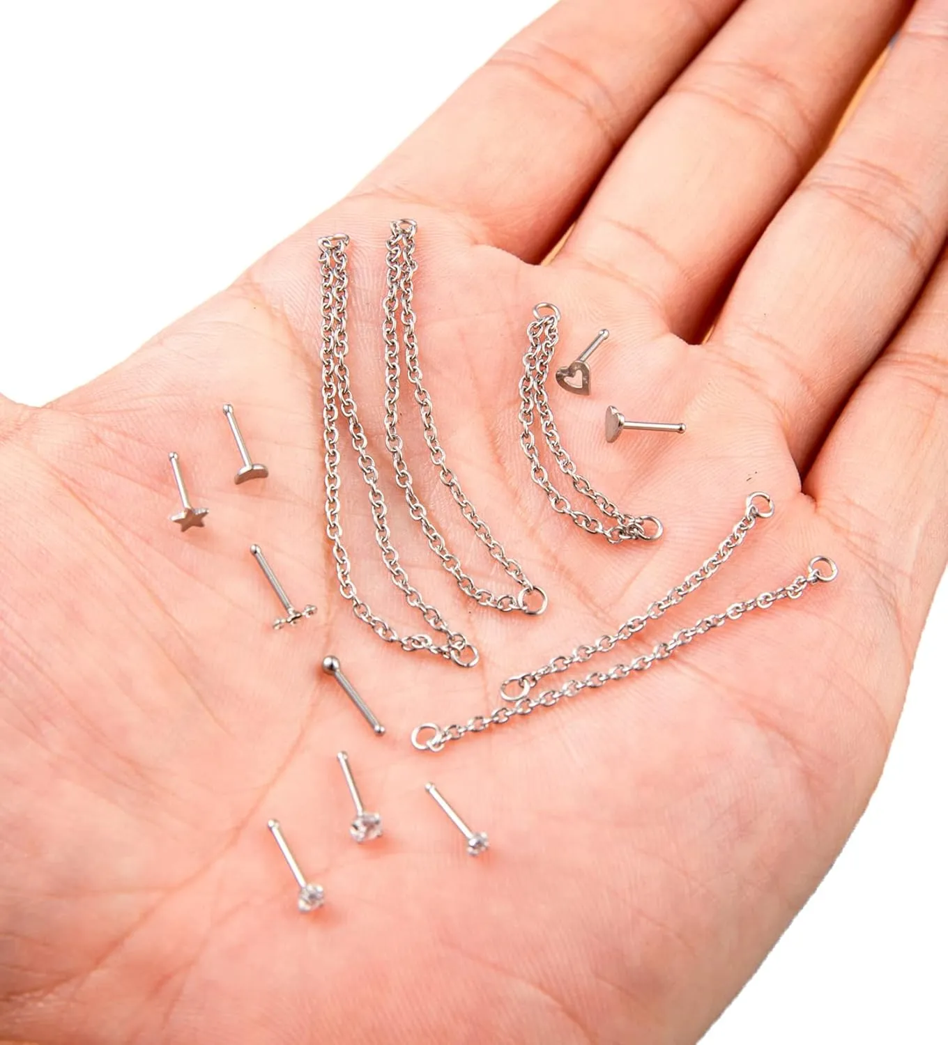 20G Stainless Steel Nose Ring Stud Nose Ring Chain Piercing Across Double Nose Stud Heart Ball CZ Nose Studs Nostril Piercing Jewelry