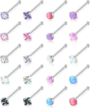 20Pcs 20G Nose Rings Studs Surgical Stainless Steel Nose Studs for Women Colorful Opal CZ Nose Piercing Jewelry Hypoallergenic Nose Jewelry for Women Men