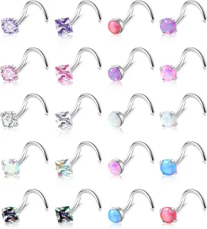 20Pcs 20G Nose Rings Studs Surgical Stainless Steel Nose Studs for Women Colorful Opal CZ Nose Piercing Jewelry Hypoallergenic Nose Jewelry for Women Men