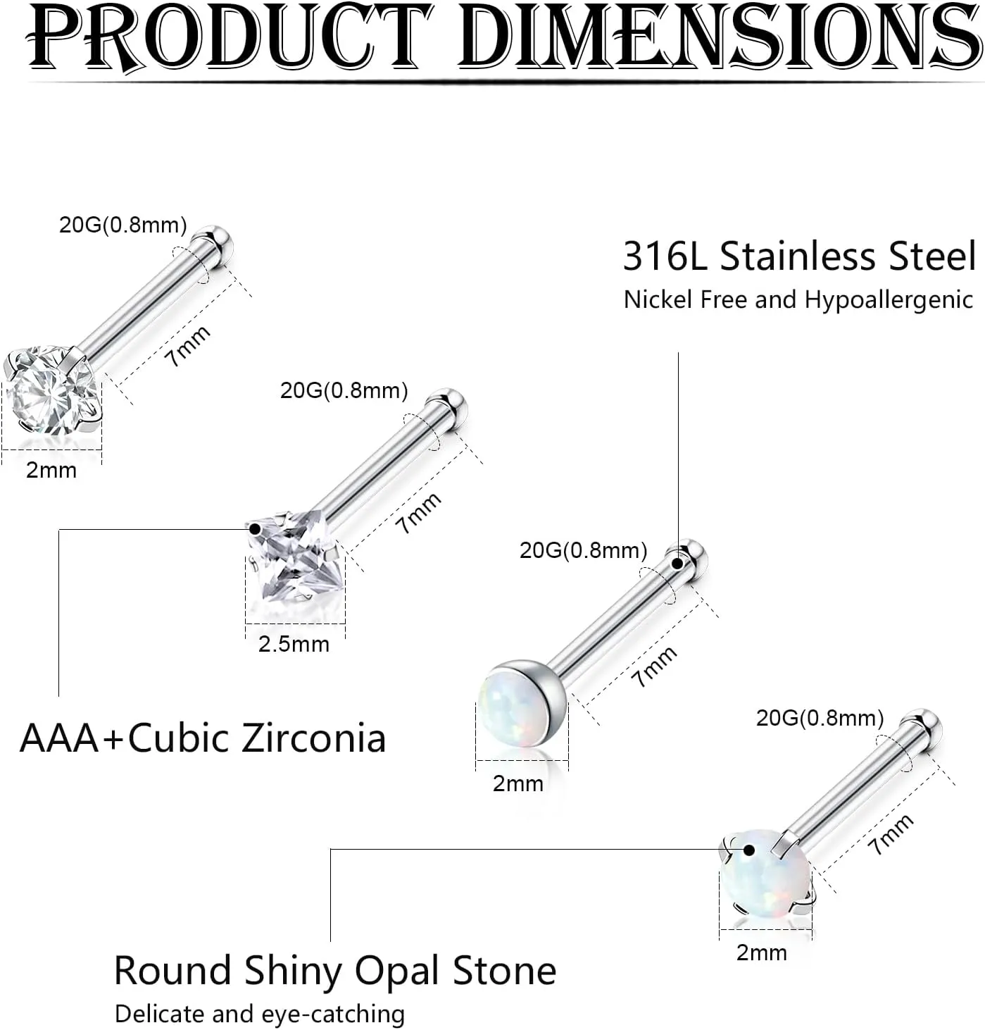 20Pcs 20G Nose Rings Studs Surgical Stainless Steel Nose Studs for Women Colorful Opal CZ Nose Piercing Jewelry Hypoallergenic Nose Jewelry for Women Men