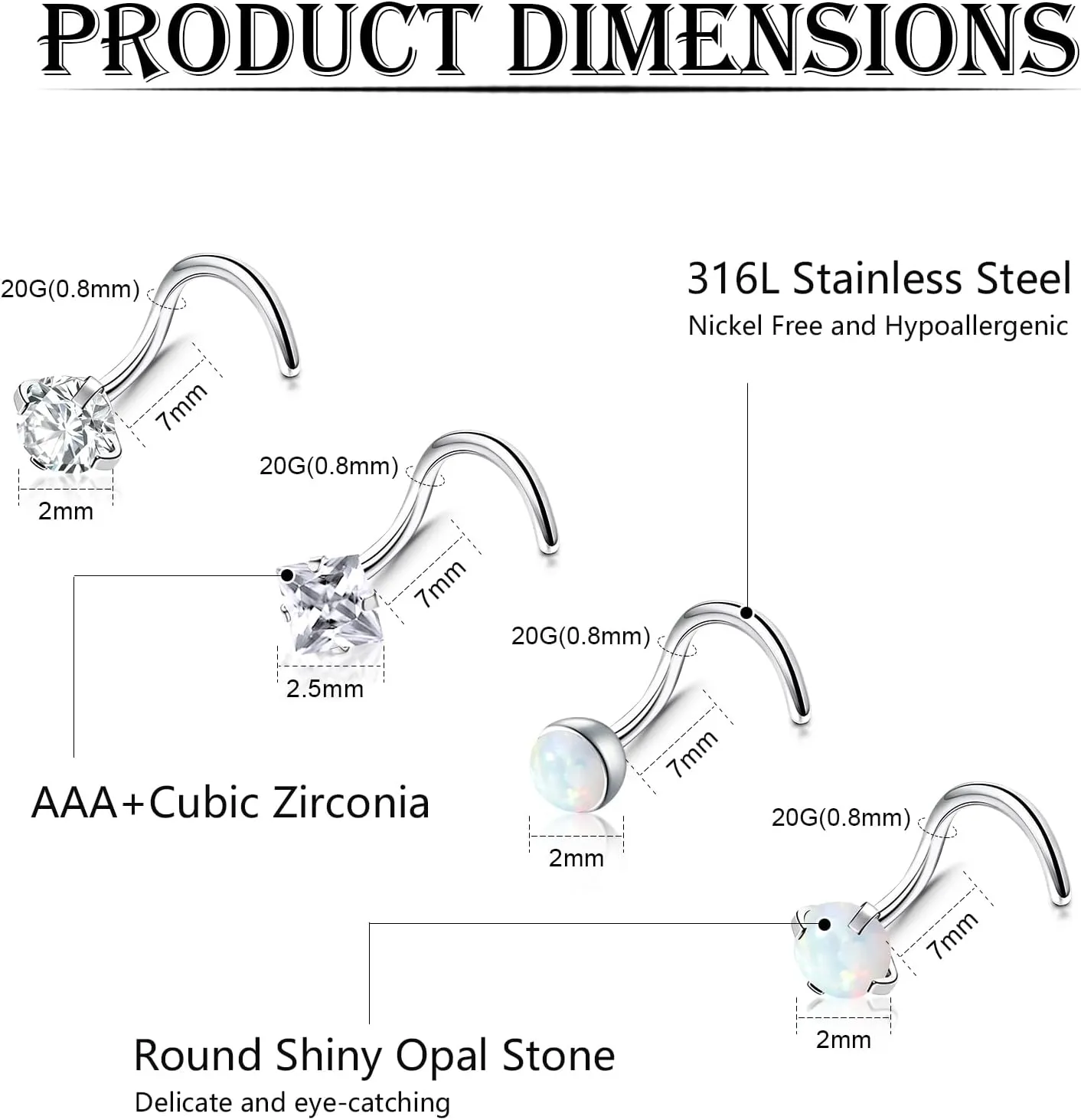 20Pcs 20G Nose Rings Studs Surgical Stainless Steel Nose Studs for Women Colorful Opal CZ Nose Piercing Jewelry Hypoallergenic Nose Jewelry for Women Men