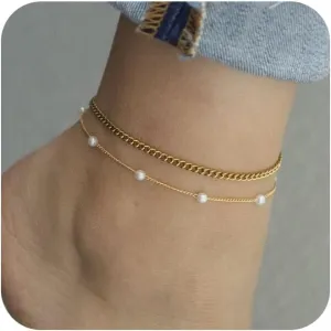 2/3 PCS Gold Anklets for Women Waterproof Cuban Link Anklet Beaded Bracelets Stackable Bracelets 14K Gold Plated Custom Jewelry Gifts Non Tarnish Lightweight