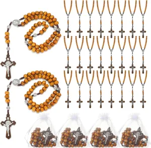 24 Set Wooden Bead Rosary Necklace Catholic Rosary Wood Carved Beads with Jesus Cross Our Father Solid with Organza Bag Pouch Baptism Favors Catholic Gift