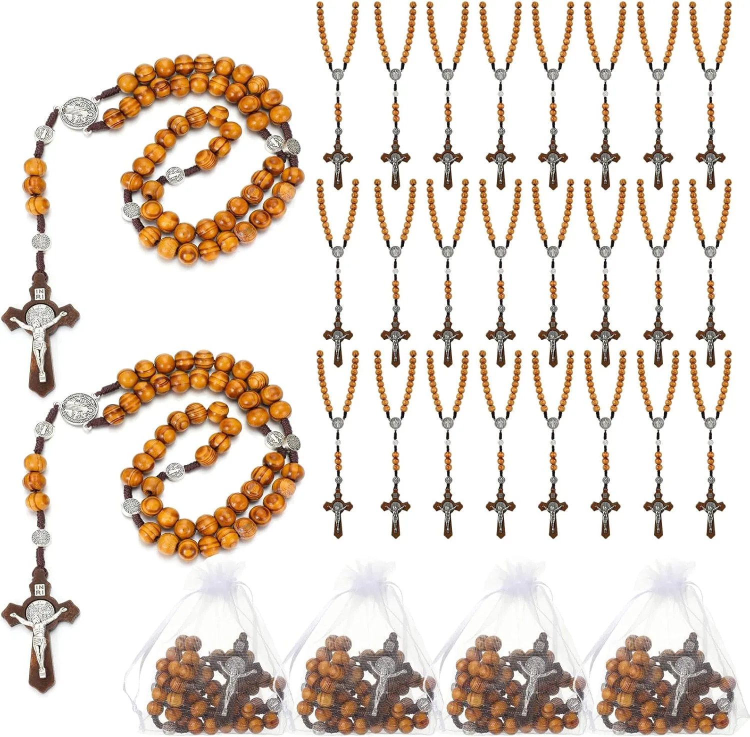 24 Set Wooden Bead Rosary Necklace Catholic Rosary Wood Carved Beads with Jesus Cross Our Father Solid with Organza Bag Pouch Baptism Favors Catholic Gift