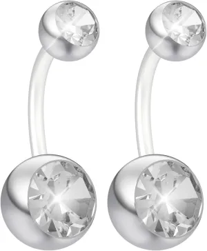 2pc 14g Belly Button Ring Cubic Zirconia CZ Crystal Gem Clear Flexible Bioflex Bar Navel Piercing