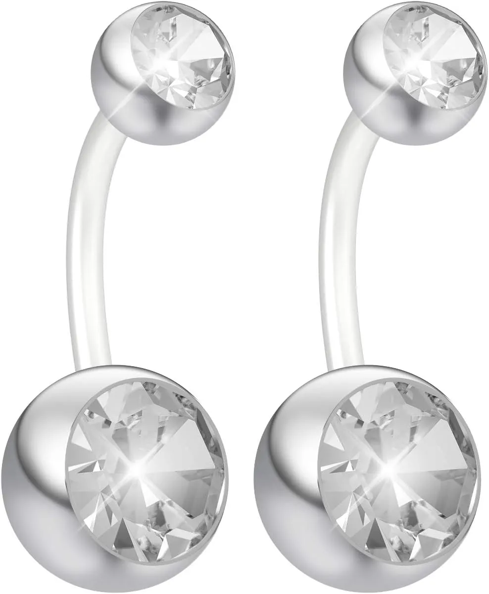 2pc 14g Belly Button Ring Cubic Zirconia CZ Crystal Gem Clear Flexible Bioflex Bar Navel Piercing