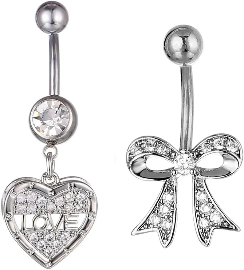 2Pcs 14G Heart Bow Belly Button Rings 316L Stainless Steel Cubic Zirconia Belly Navel Curved Barbell Letter Love Bowknot Belly Piercing Jewelry for Women