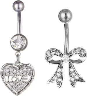 2Pcs 14G Heart Bow Belly Button Rings 316L Stainless Steel Cubic Zirconia Belly Navel Curved Barbell Letter Love Bowknot Belly Piercing Jewelry for Women