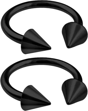 2pcs 18g Circular Barbell Ear Cartilage Eyebrow Horseshoe Lip Septum Nose Ring Tragus Helix Black Cones - Pick Size