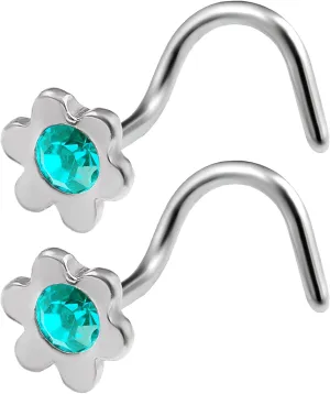 2pcs 20g 0.8mm Nose Screw Rings Flower Nostril Corkscrew Hook Stud Surgical Stainless Steel Crystal Pick Color