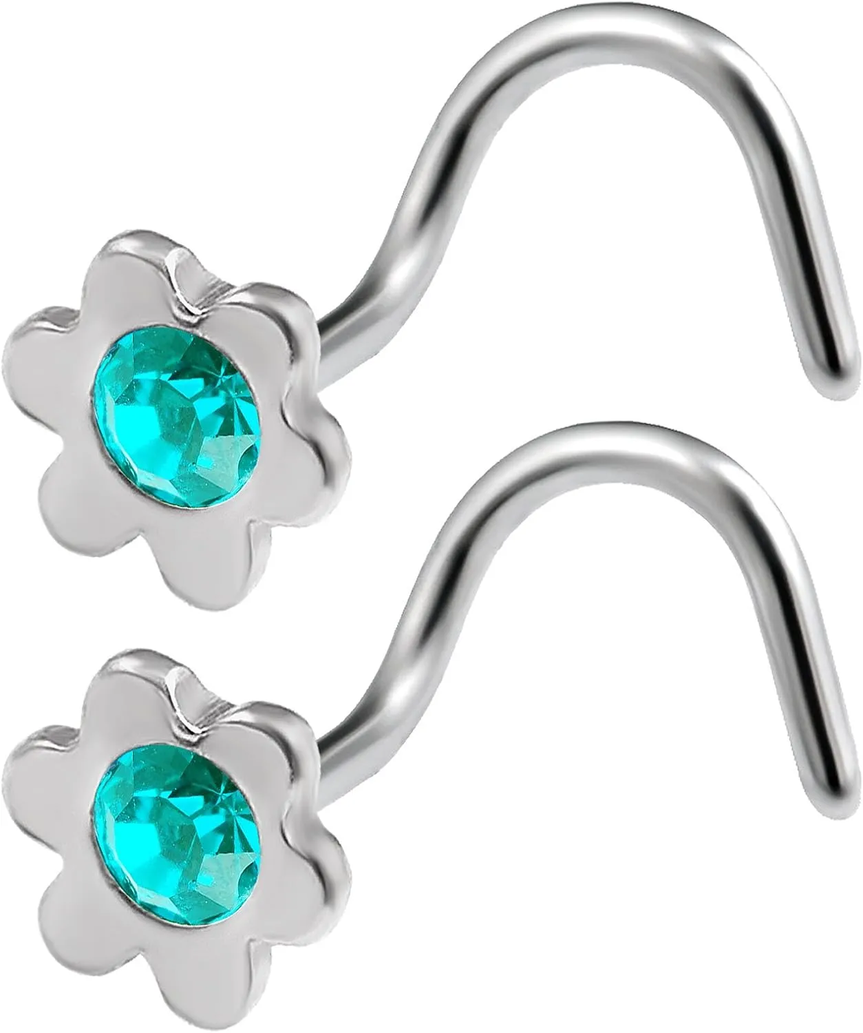 2pcs 20g 0.8mm Nose Screw Rings Flower Nostril Corkscrew Hook Stud Surgical Stainless Steel Crystal Pick Color