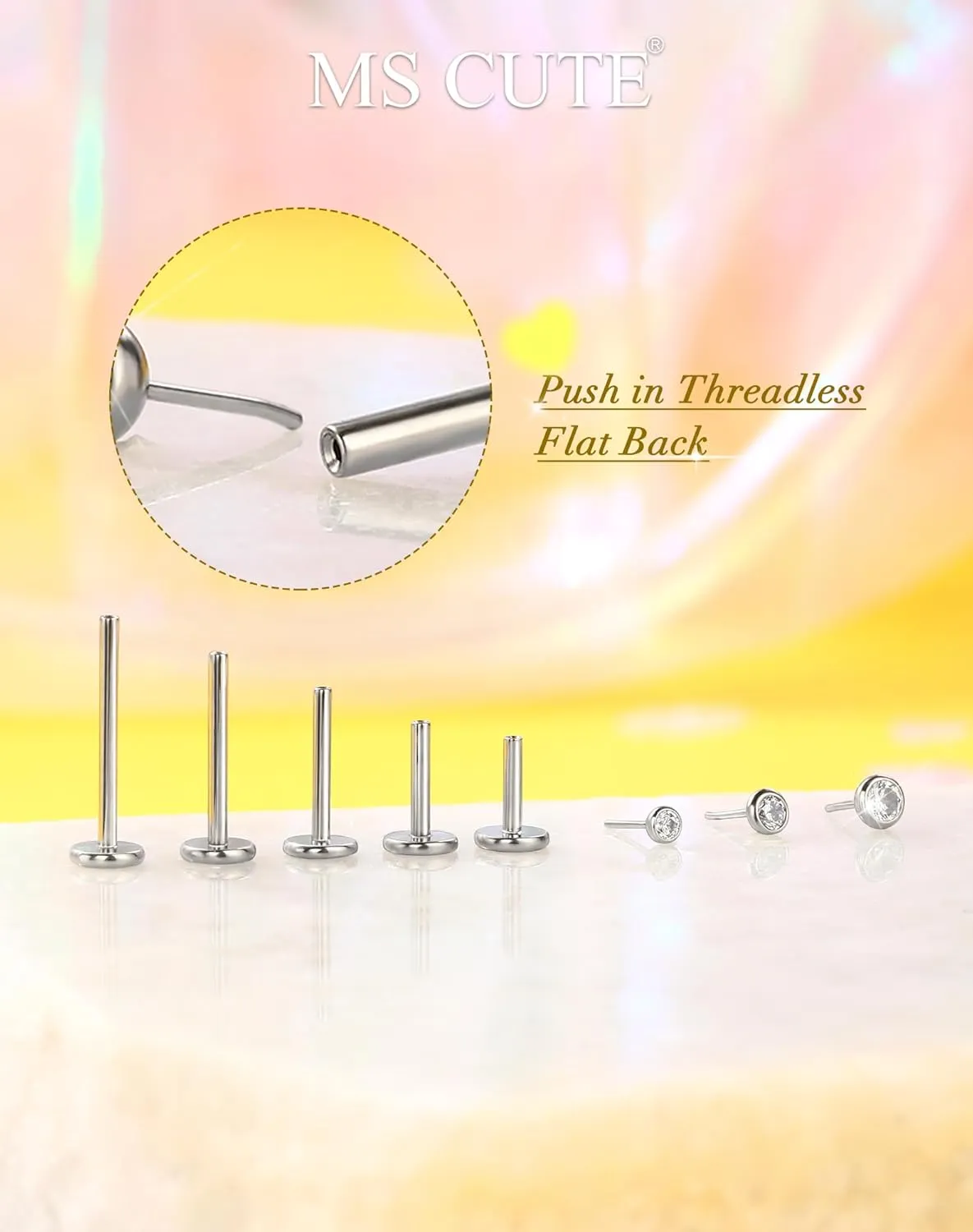 2Pcs 20G/18G/16G Threadless Nose Stud Flat Back Earrings 316L Surgical Steel CZ Daity Nose Helix Cartilage Tragus Conch Labret Medusa Monroe Piercing Jewelry for Women Men