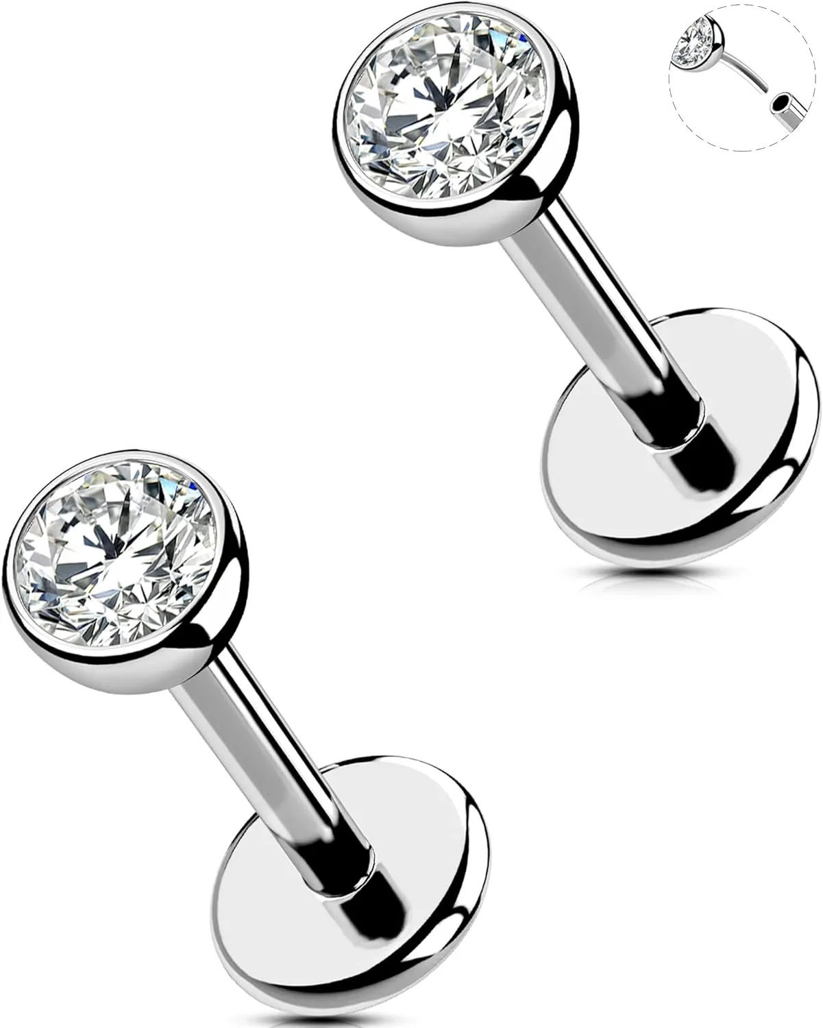 2Pcs 20G/18G/16G Threadless Nose Stud Flat Back Earrings 316L Surgical Steel CZ Daity Nose Helix Cartilage Tragus Conch Labret Medusa Monroe Piercing Jewelry for Women Men