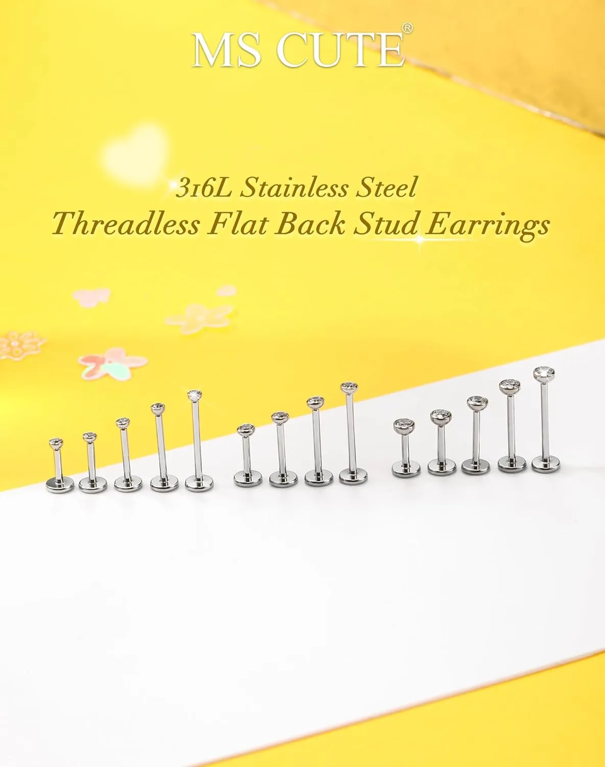 2Pcs 20G/18G/16G Threadless Nose Stud Flat Back Earrings 316L Surgical Steel CZ Daity Nose Helix Cartilage Tragus Conch Labret Medusa Monroe Piercing Jewelry for Women Men