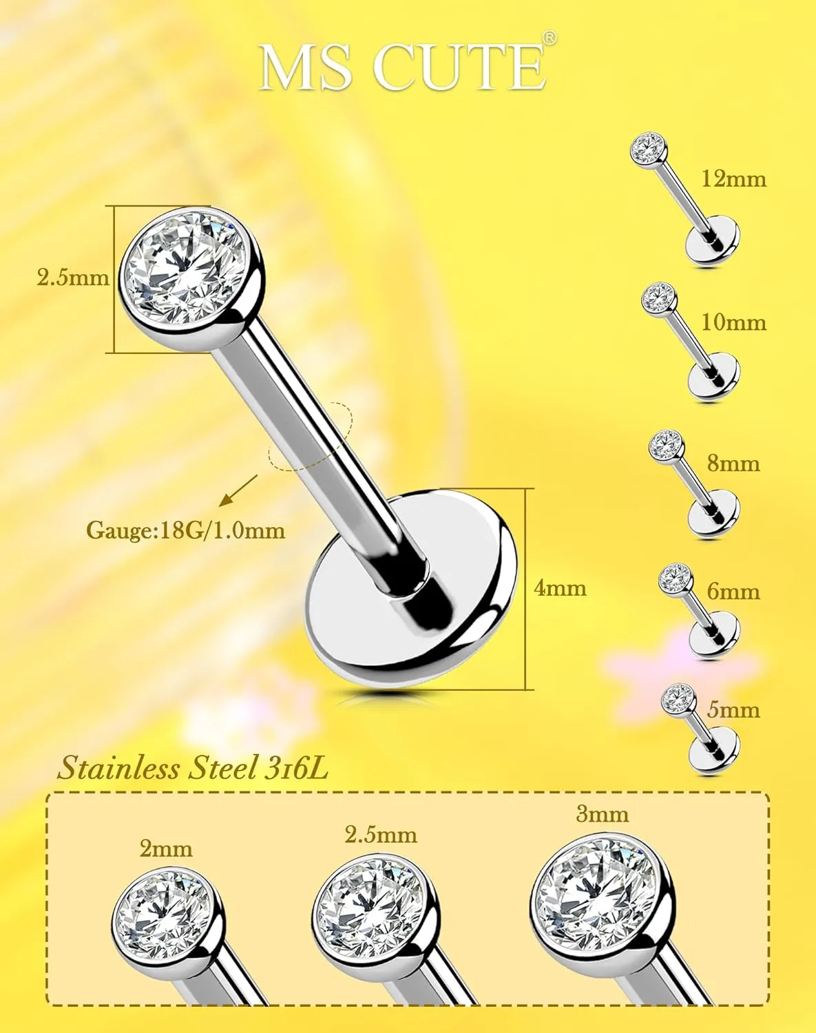 2Pcs 20G/18G/16G Threadless Nose Stud Flat Back Earrings 316L Surgical Steel CZ Daity Nose Helix Cartilage Tragus Conch Labret Medusa Monroe Piercing Jewelry for Women Men