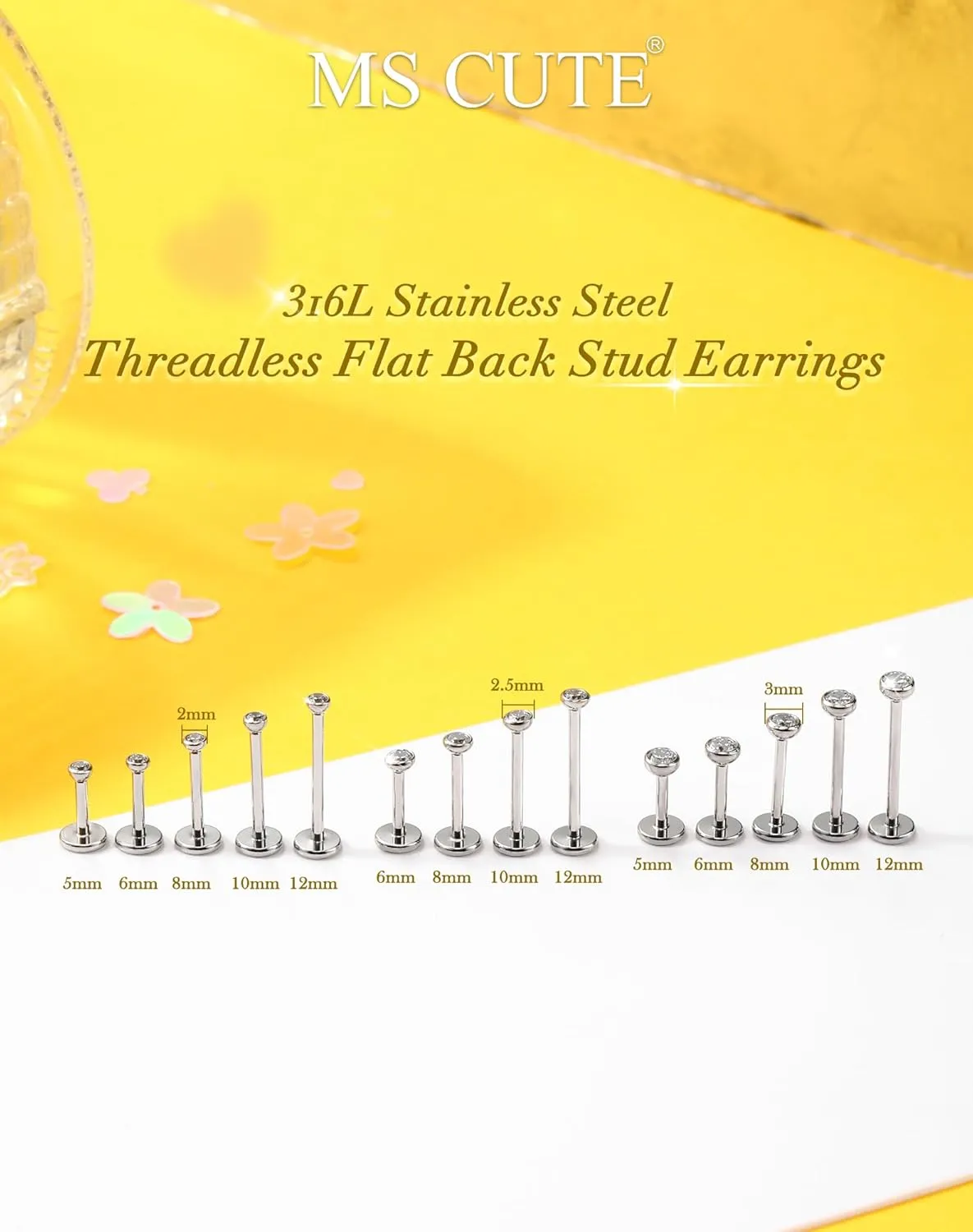 2Pcs 20G/18G/16G Threadless Nose Stud Flat Back Earrings 316L Surgical Steel CZ Daity Nose Helix Cartilage Tragus Conch Labret Medusa Monroe Piercing Jewelry for Women Men