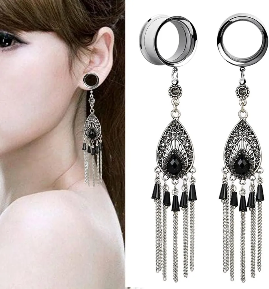 2PCS Bohemian Ethnic Style Tassel Ear Plugs Tunnels (6-25MM) - Stylish Simplicity Pendant, Body Piercing Earrings for Stretched Earlobe