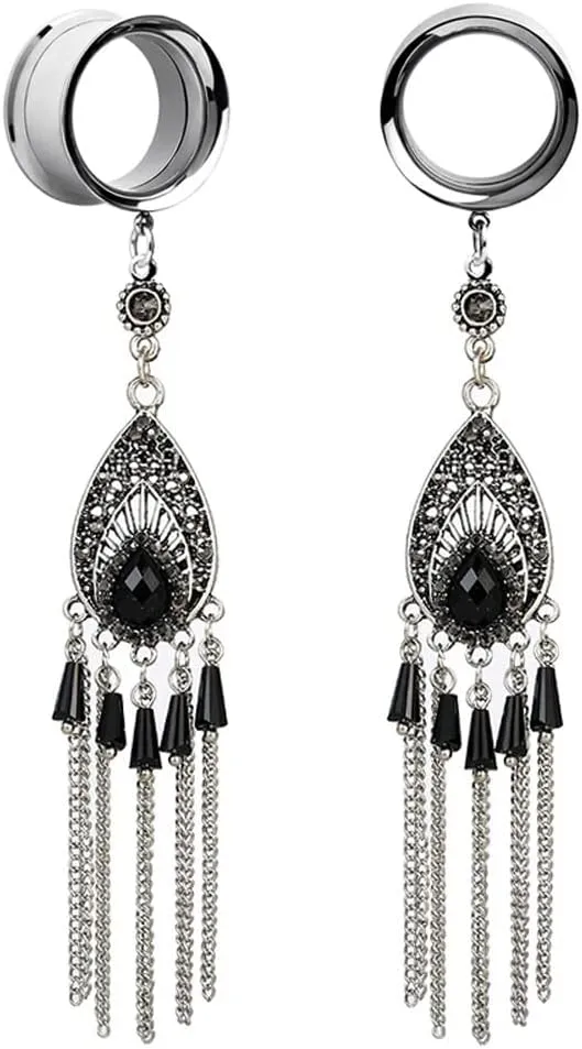 2PCS Bohemian Ethnic Style Tassel Ear Plugs Tunnels (6-25MM) - Stylish Simplicity Pendant, Body Piercing Earrings for Stretched Earlobe