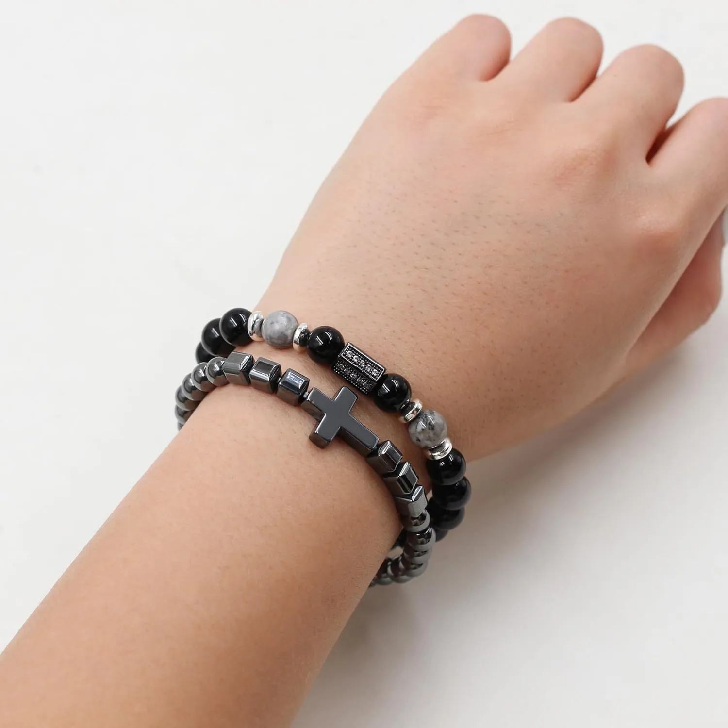 2Pcs Cross Beaded Bracelet with Natural Beads for Men - Inspirational Faith Bracelets Design - Christian Jewelry Ideal for Father's Day - YS5499