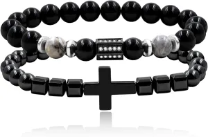2Pcs Cross Beaded Bracelet with Natural Beads for Men - Inspirational Faith Bracelets Design - Christian Jewelry Ideal for Father's Day - YS5499