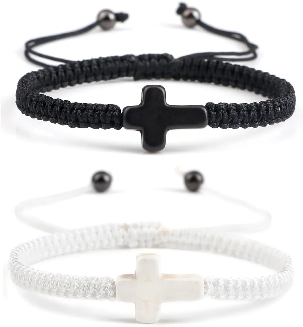 2Pcs Cross Matching Couple Bracelets Handmade Black String Rope Braided Bracelet Cross Charm Adjustable Protection Christian Bracelet for Women Men Lucky Kabbalah Strand BFF Bracelets Gifts