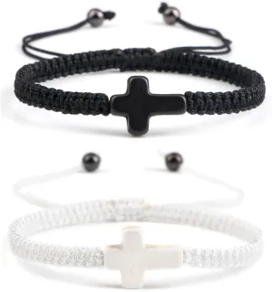 2Pcs Cross Matching Couple Bracelets Handmade Black String Rope Braided Bracelet Cross Charm Adjustable Protection Christian Bracelet for Women Men Lucky Kabbalah Strand BFF Bracelets Gifts