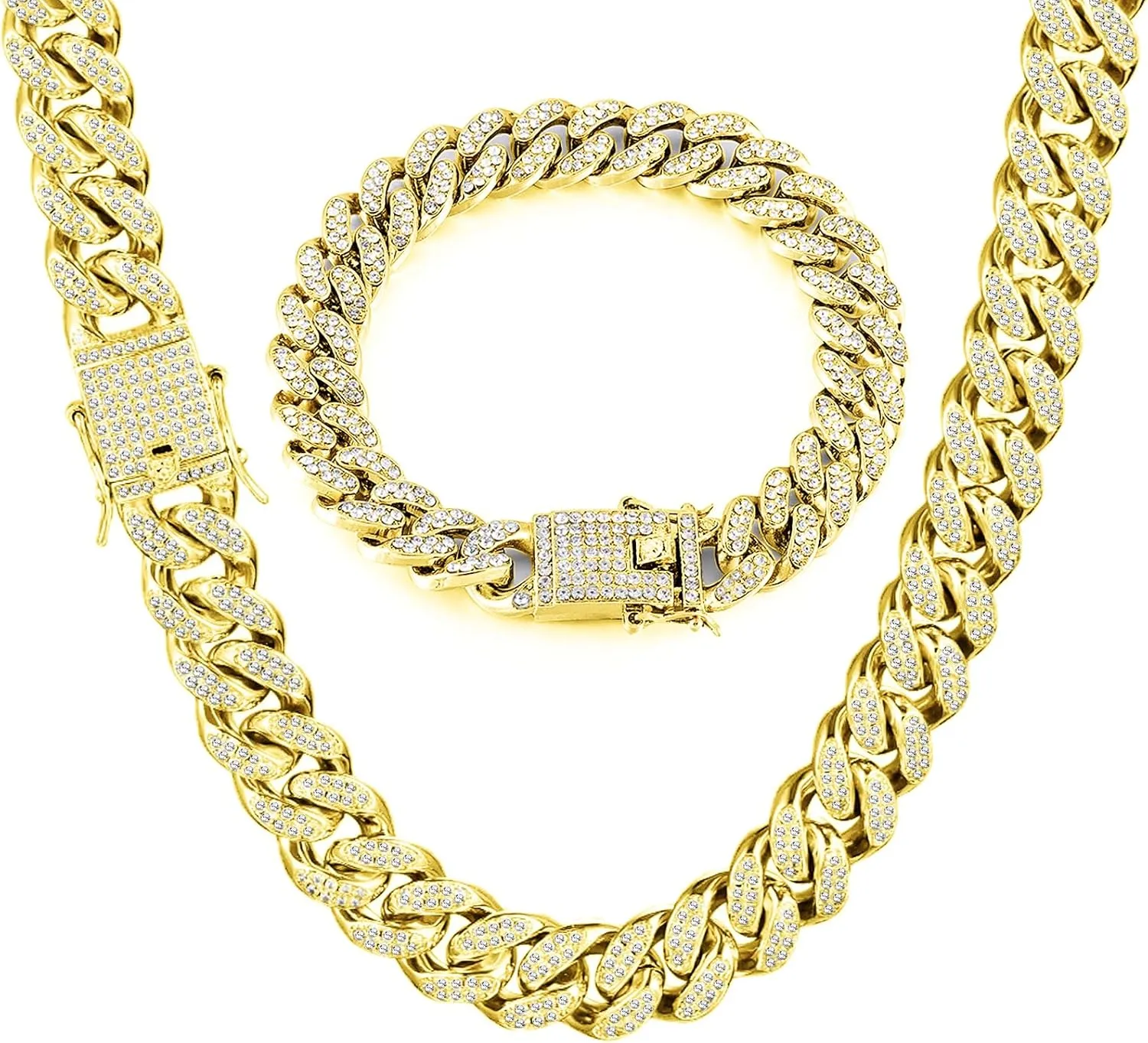 2pcs Cuban Link Chain for Men,Miami Cuban Chains,Bling Diamond Chain for Hip Hop Jewelry