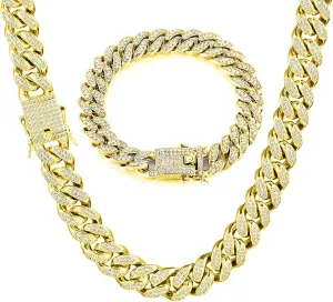 2pcs Cuban Link Chain for Men,Miami Cuban Chains,Bling Diamond Chain for Hip Hop Jewelry
