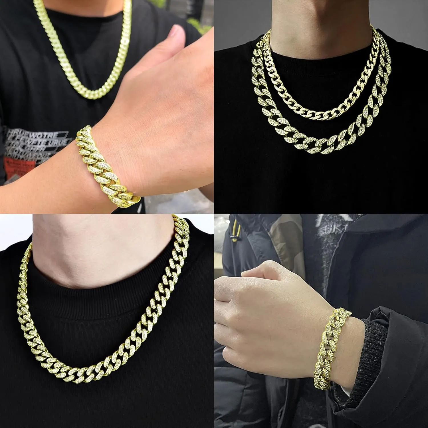 2pcs Cuban Link Chain for Men,Miami Cuban Chains,Bling Diamond Chain for Hip Hop Jewelry