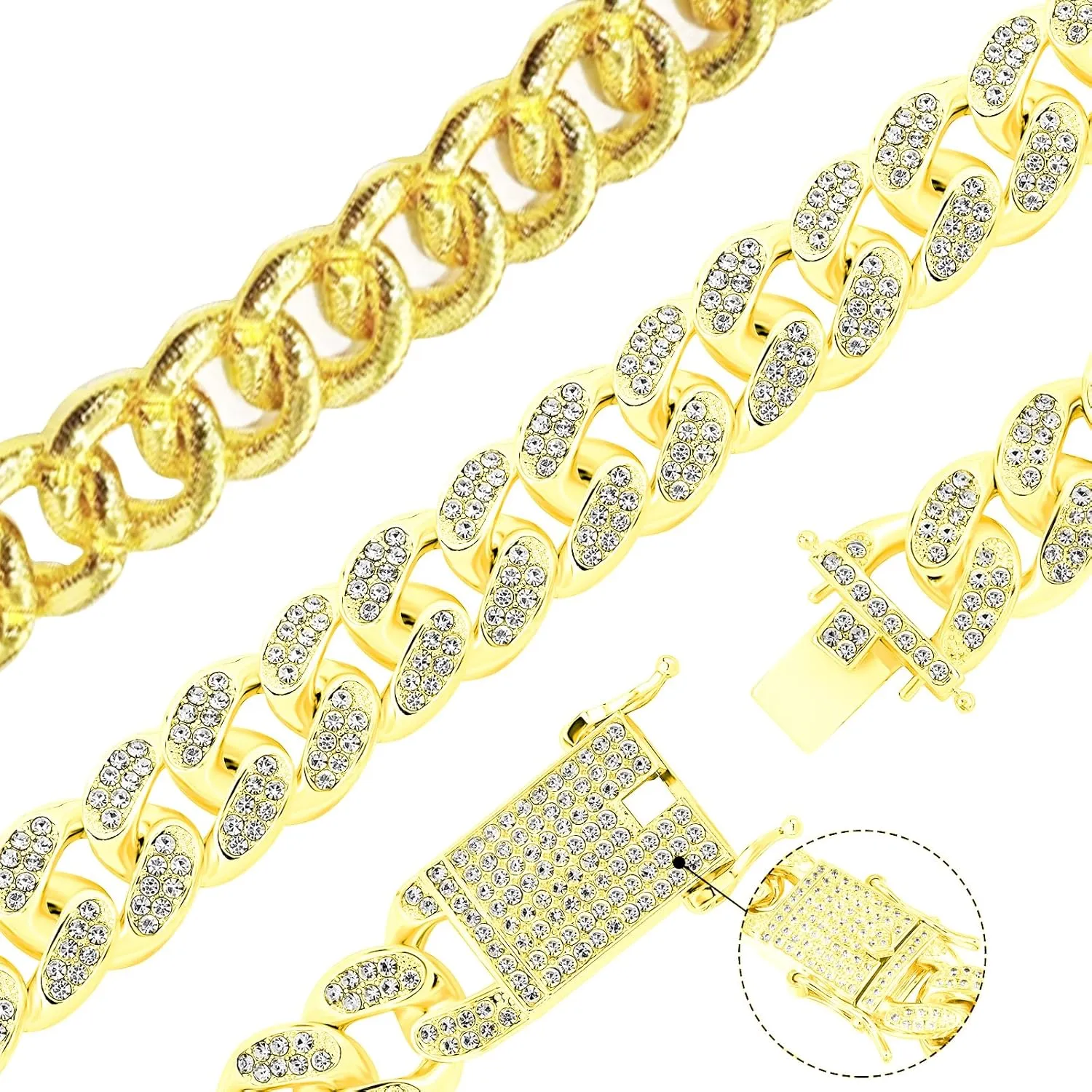 2pcs Cuban Link Chain for Men,Miami Cuban Chains,Bling Diamond Chain for Hip Hop Jewelry