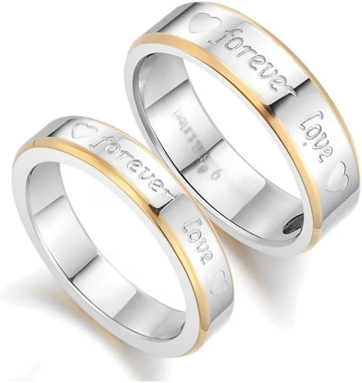 2pcs Forever Love Stainless Steel Promise Rings for Couple Wedding Engagement Band (Pack in Box)
