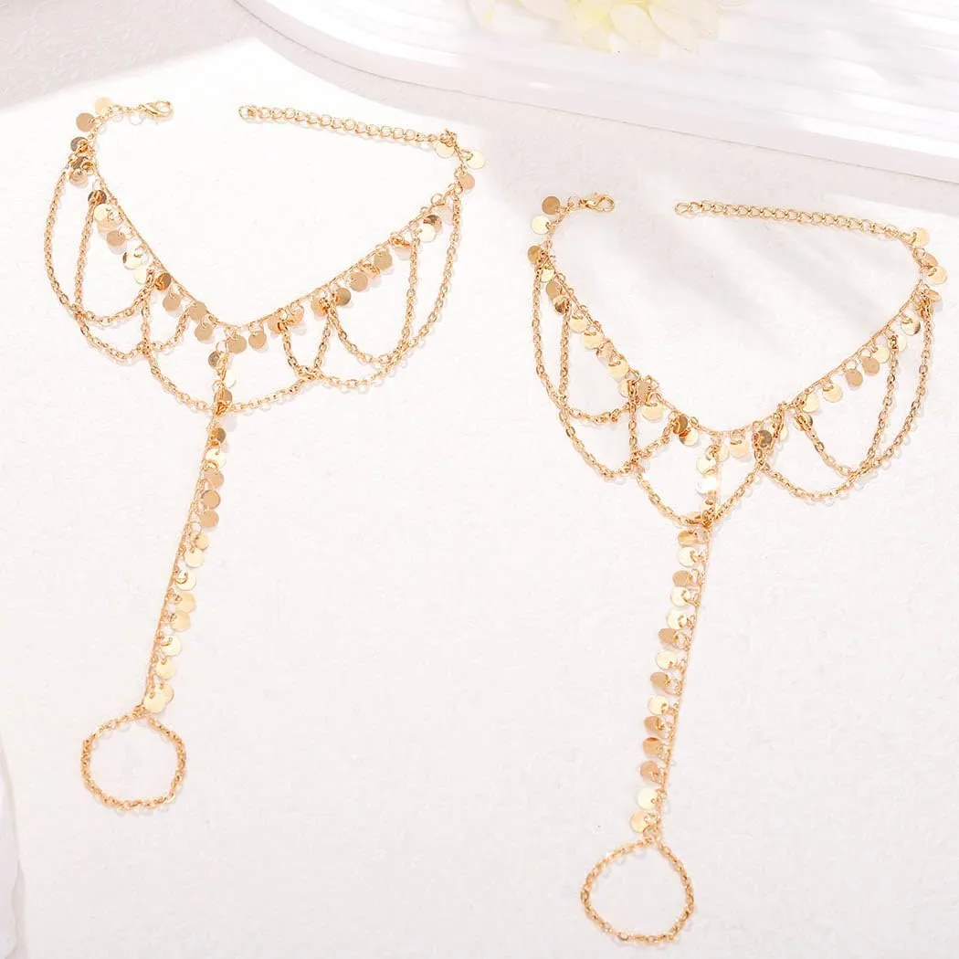 2Pcs Gold Foot Chain Sequins Barefoot Sandals Tassel Beach Foot Jewelry for Women