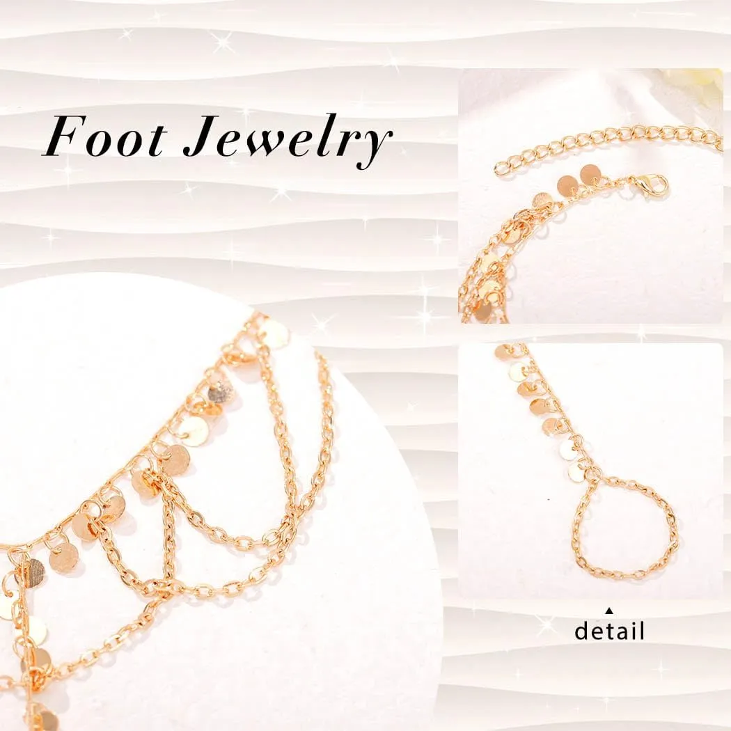 2Pcs Gold Foot Chain Sequins Barefoot Sandals Tassel Beach Foot Jewelry for Women