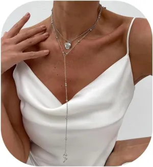 2Pcs Metal Thin Bead Body Chain Necklace,Pearl Clavicle Necklace,Bridal Wedding Flower Chest Body Chain,Sexy Multi-layered Beaded Body Jewelry for Women